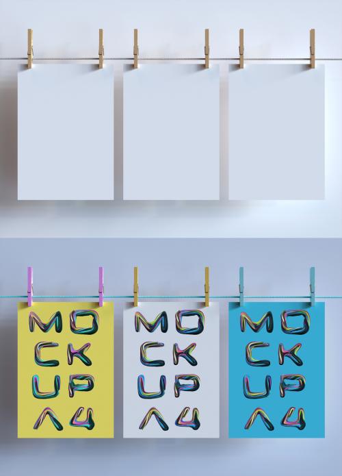 3 Papers Hanging with Clothespins on Clothesline Mockup - 328342319