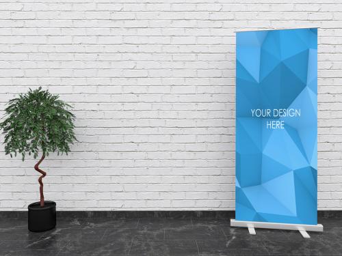 Roll Up Banner Mockup with White Brick Wall - 328370209