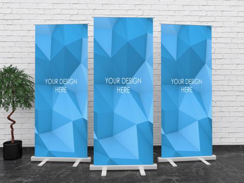 3 Roll Up Banners Mockups Composition with White Brick Wall - 328371162