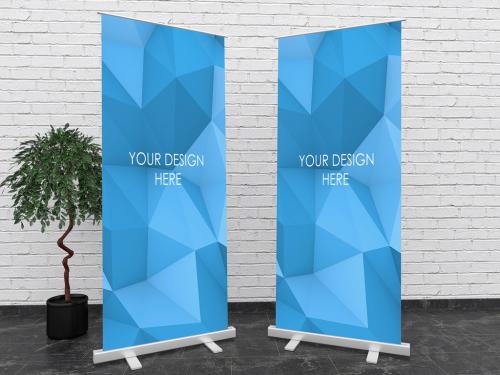 2 Roll Up Banners Mockups with White Brick Wall - 328372009