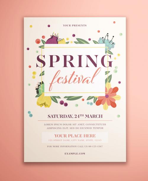 Spring Festival Flyer Layout with Floral Elements - 328555791