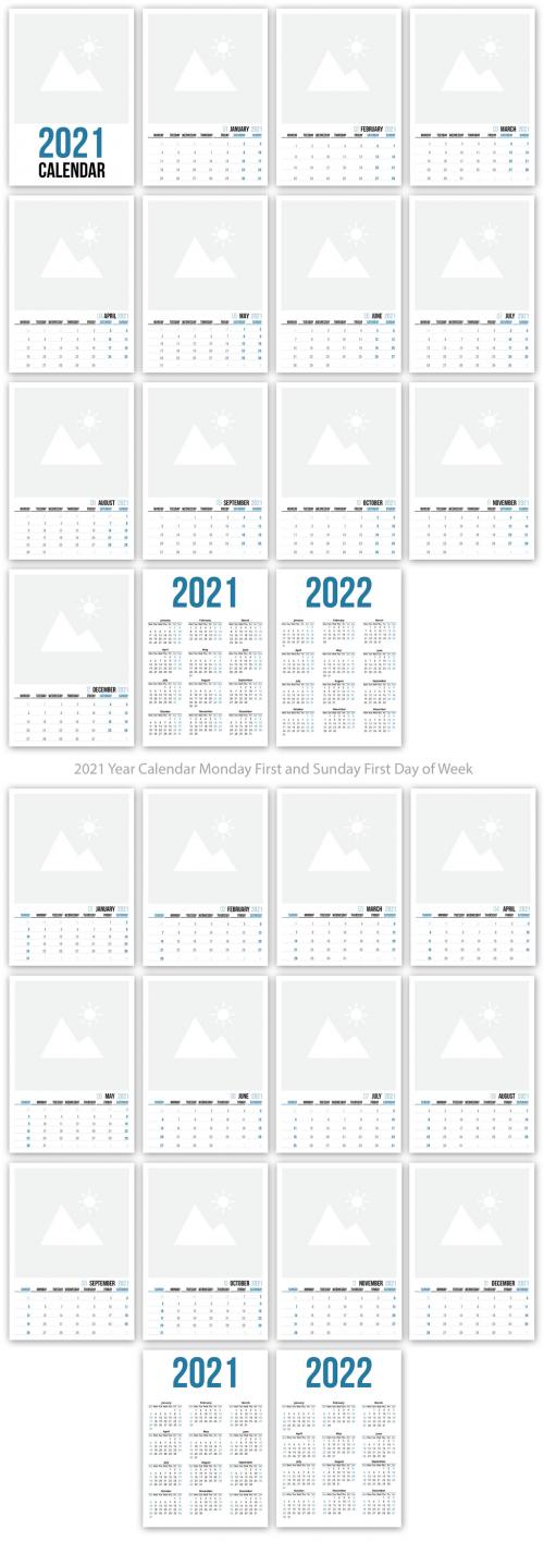 2021 Wall Calendar Layout with Blue Accents - 328571257