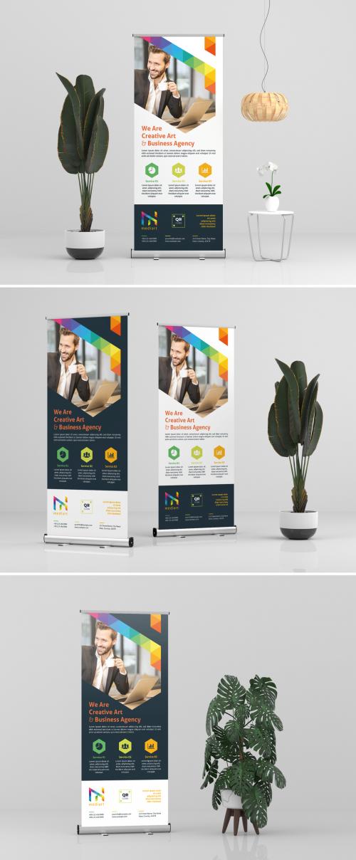 Roll-Up Banner Layout with Colorful Design Elements - 329175052