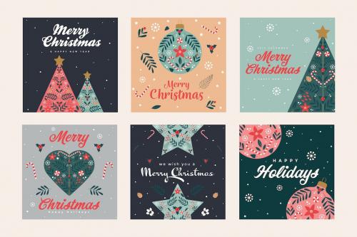 Set of Christmas and Happy New Year Floral Cards