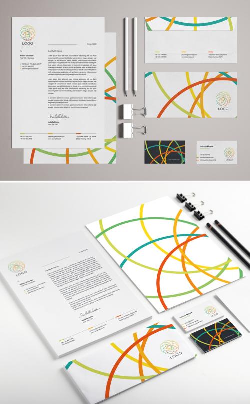 Stationery Set Layout with Colorful Logo Design Elements - 329175156