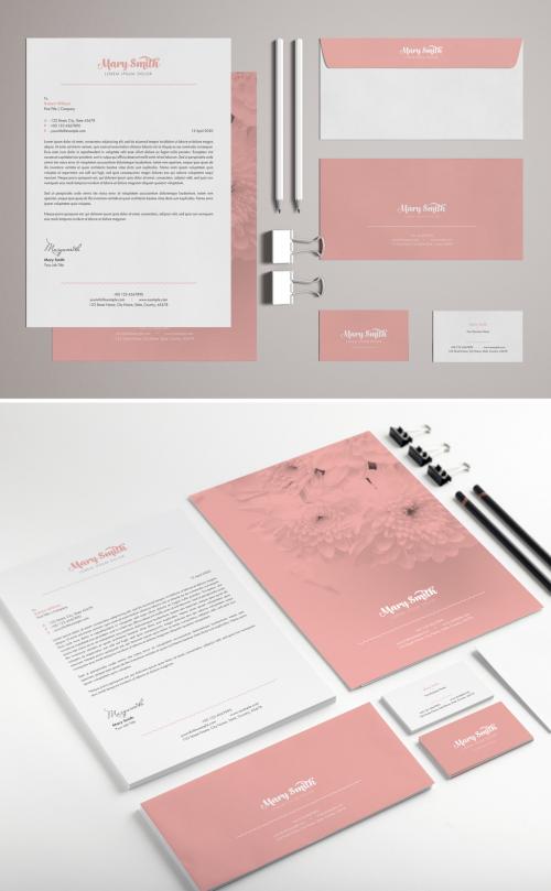 Stationery Set Layout with Pink Accents - 329175181