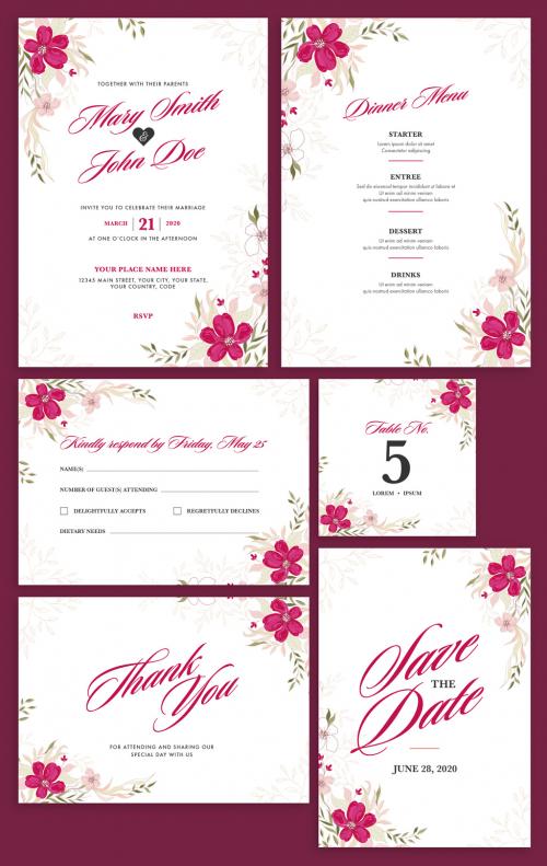 Wedding Invitation Layout Set with Watercolor Flowers - 329175537