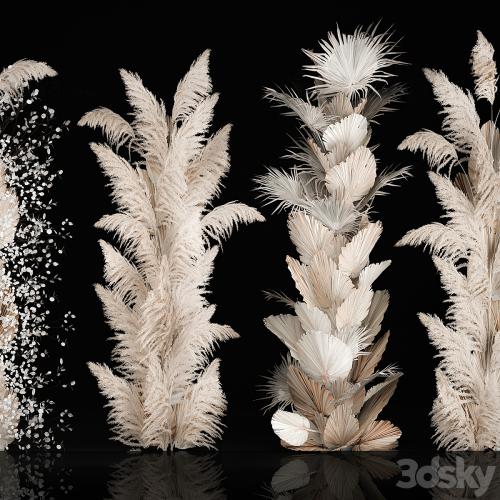 Wedding decorations from columns of dried flowers and pampas grass, Cortaderia, moonflower, dry, palm branch. Bouquet 289.