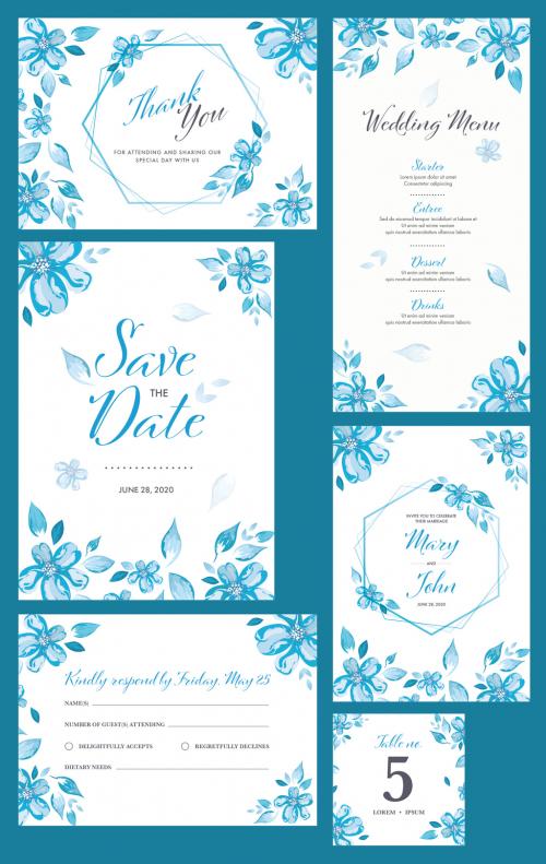 Wedding Invitation Layout Set with Turquoise Color Flowers - 329175565