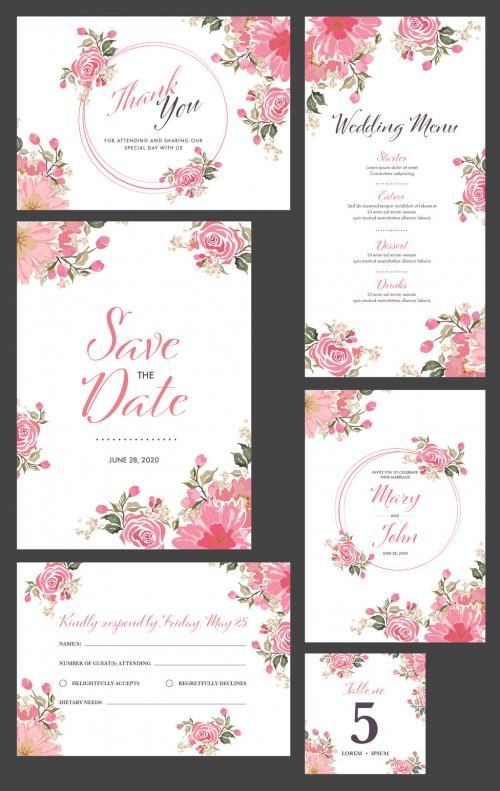 Wedding Invitation Layout Set with Pink Watercolor Flowers - 329175639