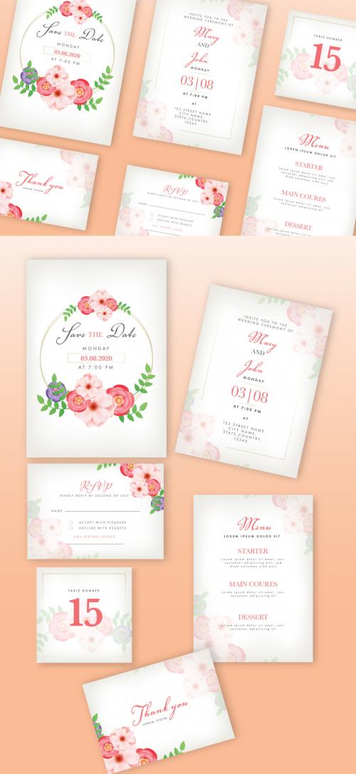 Wedding Invitation Layout Set with Paper Flowers - 329175702