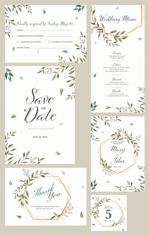 Wedding Invitation Layout Set with Green Leaves - 329175753