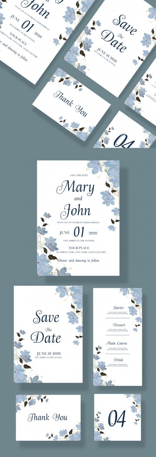 Wedding Invitation Layout Set with Grey Watercolor Flowers - 329175858