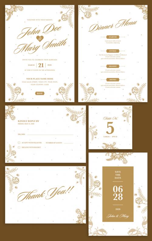 Wedding Invitation Layout Set with Golden Doodle Florals - 329175884