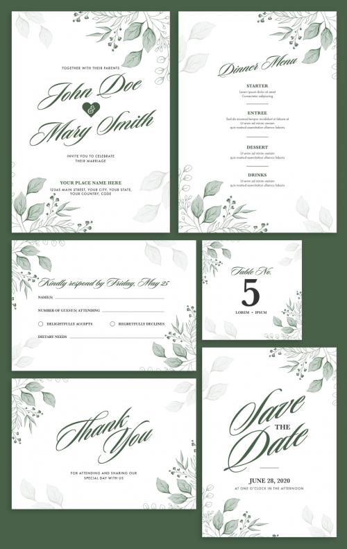 Wedding Invitation Layout Set with Green Flowers - 329175889