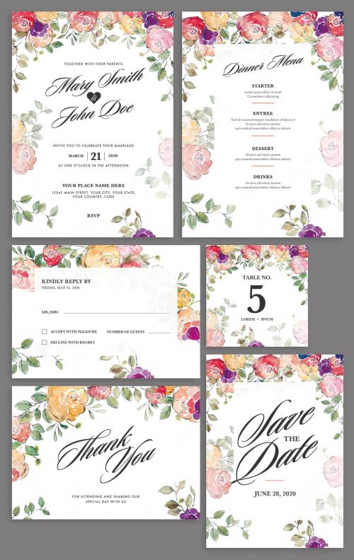 Wedding Invitation Layout Set with Colorful Watercolor Flowers - 329176160