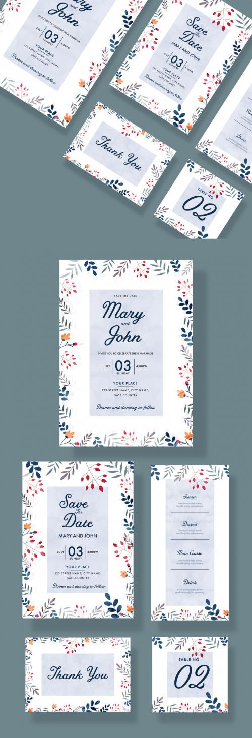 Wedding Invitation Layout Set with Colorful Tiny Flowers - 329176228