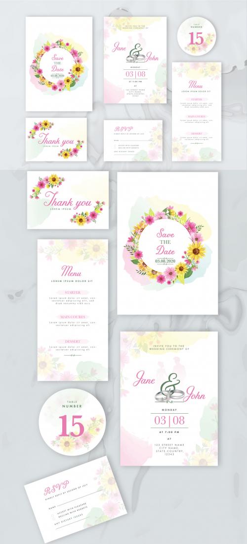 Wedding Invitation Layout Set with Colorful Flowers and Engagement Rings - 329176257