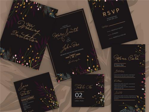 Wedding Invitation Layout Set with Colorful Flowers on Dark Background - 329176289