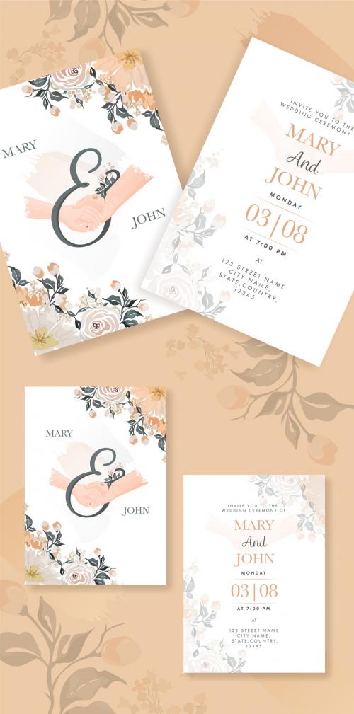 Wedding Invitation Card Layout with Watercolor Flowers and Hands - 329176423