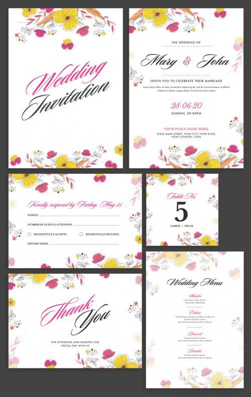 Wedding Invitation Layout Set with Bright Color Flowers - 329176514