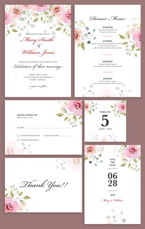 Water Color Roses with Wedding Invitation Card Layout Set - 329176634