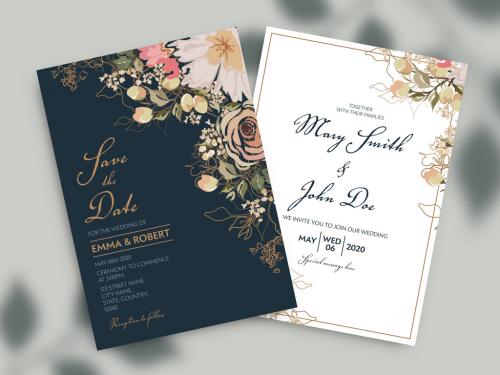 Two Wedding Invitation Cards with Watercolor Flowers - 329176685