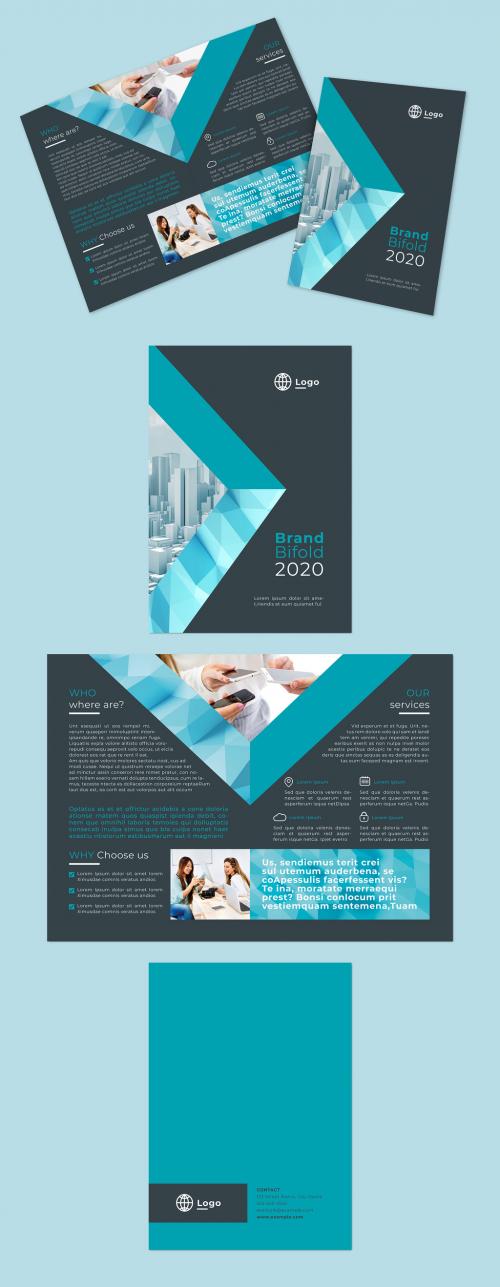 Teal Bifold Brochure Layout with Geometric Overlay Elements - 329834803