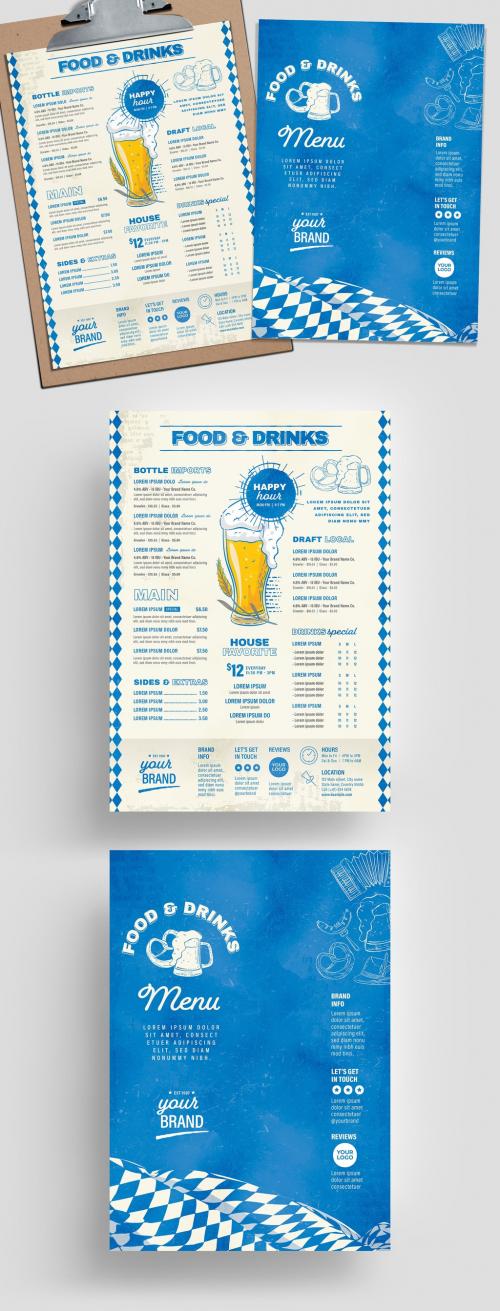 Blue and White Menu Layout with Beer Illustrations - 329912043