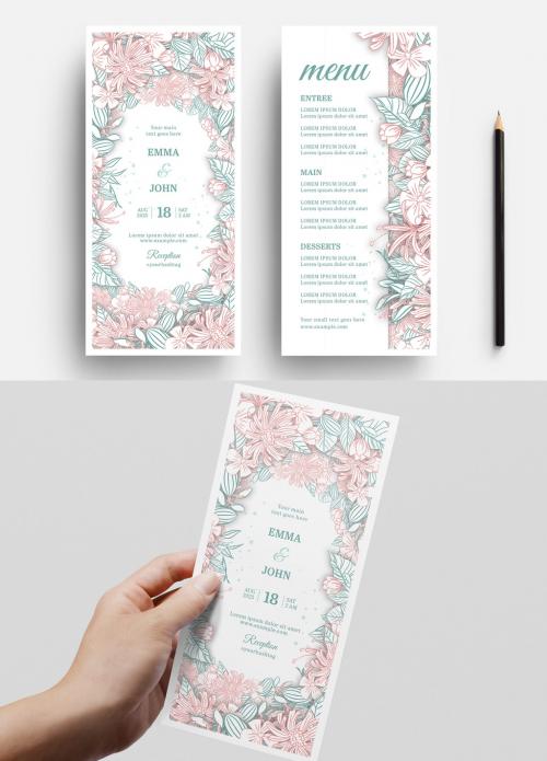 Wedding Invitation Layout with Line Art Floral Borders - 329912238