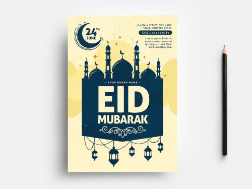 Eid Mubarak Flyer Layout with Mosque Illustration - 330812541