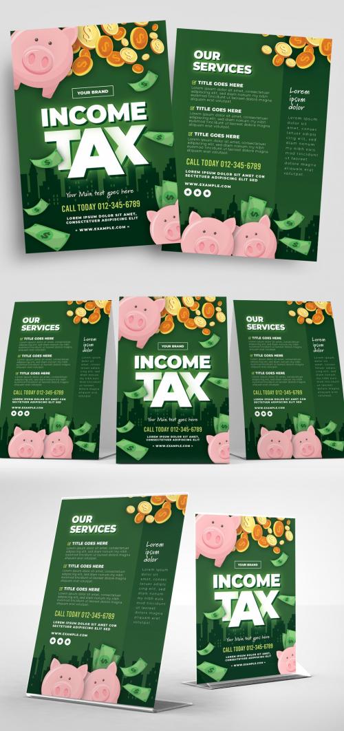 Income Tax Flyer Layout with Piggy Bank Illustration - 330812621