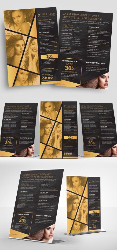 Hair Salon Flyer Layout with Black and Gold Theme - 331024345