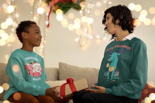 Sweatshirt Mockup of a Boy and a Woman Exchanging