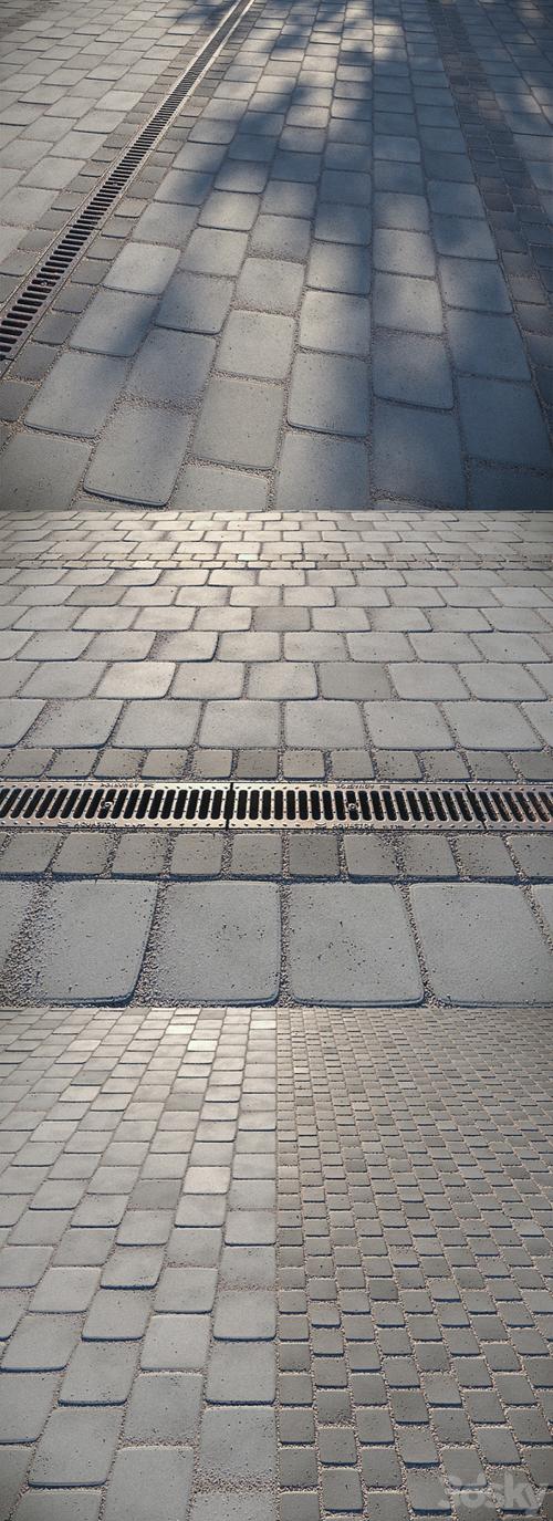 Paving slabs and storm grate