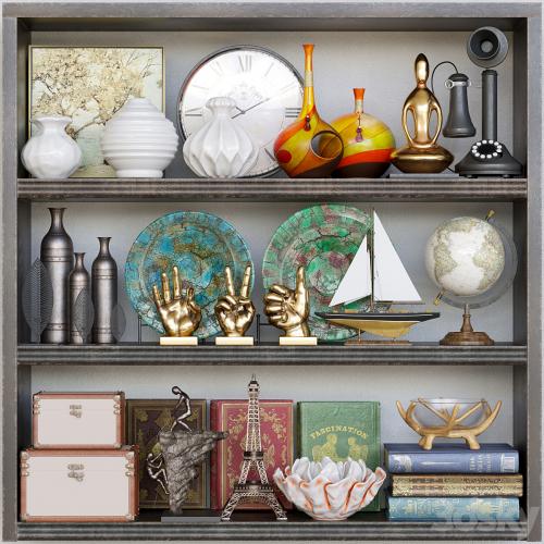 Wardrobe with a collection of vases, decor and figurines. Books