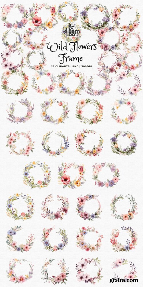 Watercolor Wild Flower Frames Cliparts Bundle