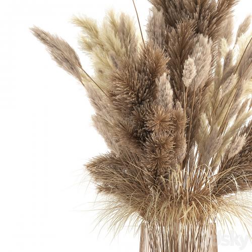 Beautiful lush bouquet of dried flowers in a vase with dry branches of pampas, Cortaderia, white reeds. 146.