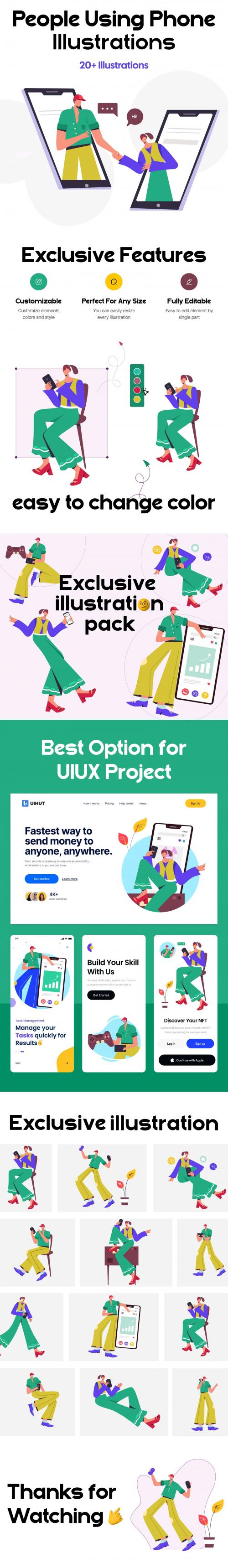 UIHut - People Using Phone Flat Illustrations Pack - 25728