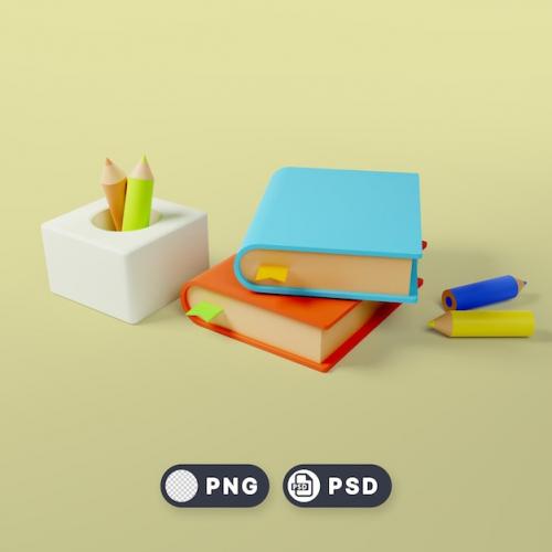 3d Book And Stationery Items Psd