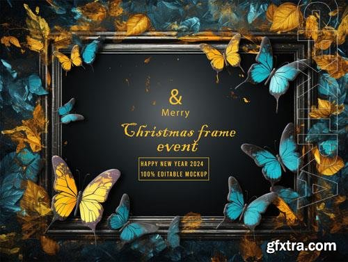 PSD merry christmas greeting in a frame background mockup vol 23