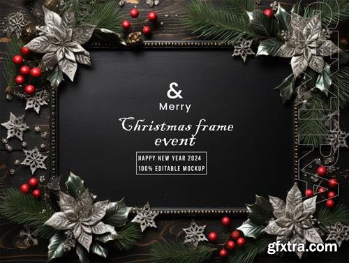 PSD merry christmas greeting in a frame background mockup vol 24