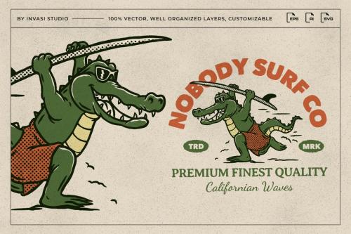 Vintage Crocodile Surfer Character Mascot logo