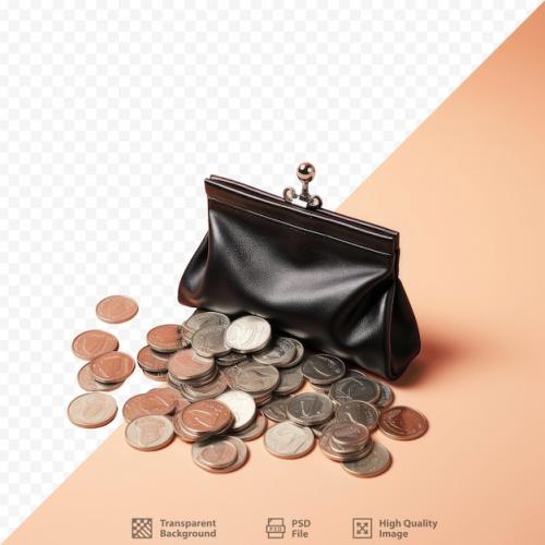 A Black Leather Purse Sits On A Pile Of Coins.