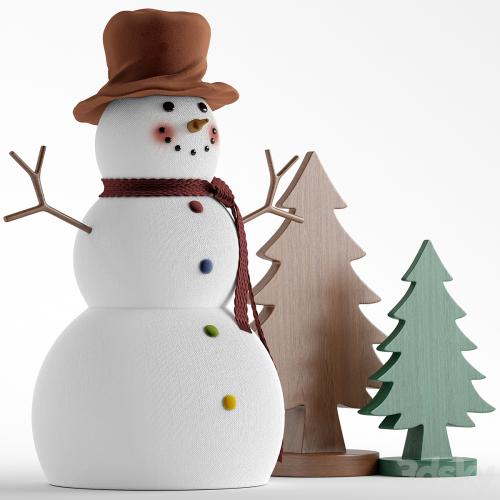 Snowman and wooden christmas tree