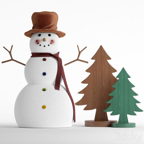 Snowman and wooden christmas tree