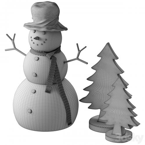 Snowman and wooden christmas tree