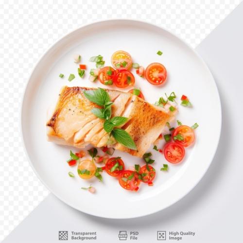 Fish Fillet With Tomatoes Chives And Bread On Transparent Background Plate