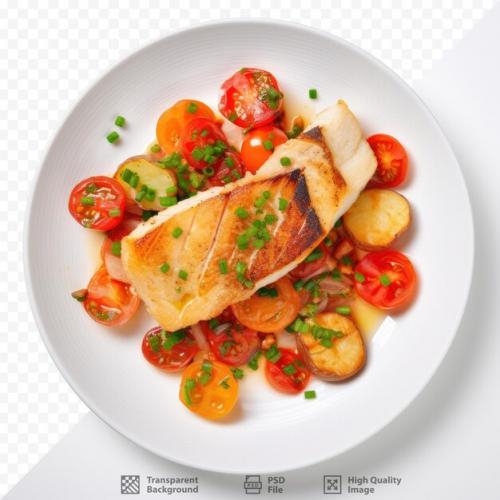 Fish Fillet With Tomatoes Chives And Bread On Transparent Background Plate