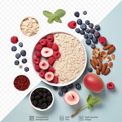 Food Concept Showcased Through A Creative Flat Lay Of Oatmeal Coconut Raspberry Blueberry Almond And Pecan